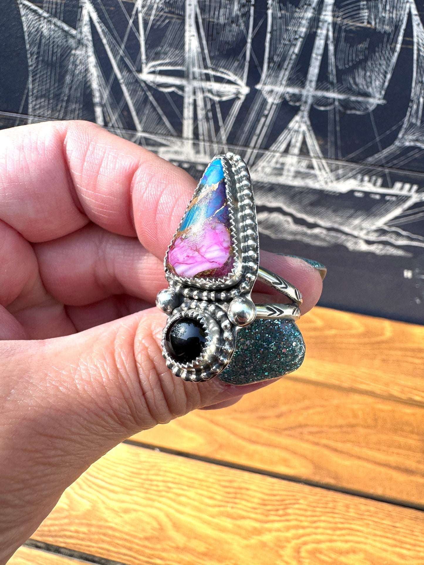 Pink Dahlia Turquoise ring size 10