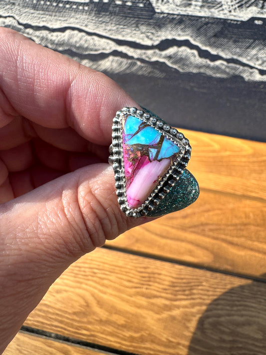 Pink Dahlia Turquoise ring size 7.5