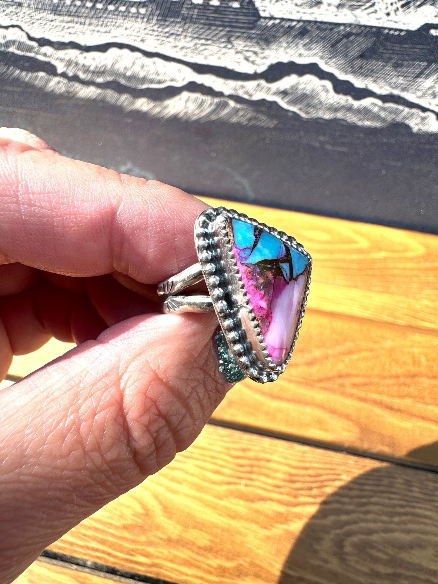 Pink Dahlia Turquoise ring size 7.5