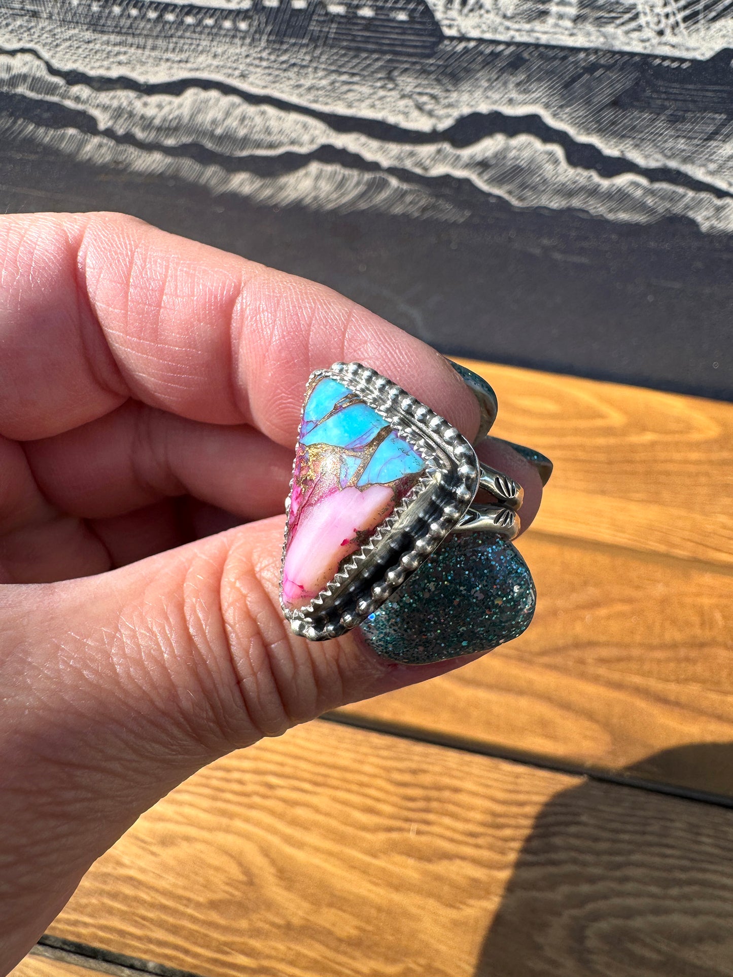 Pink Dahlia Turquoise ring size 7.5