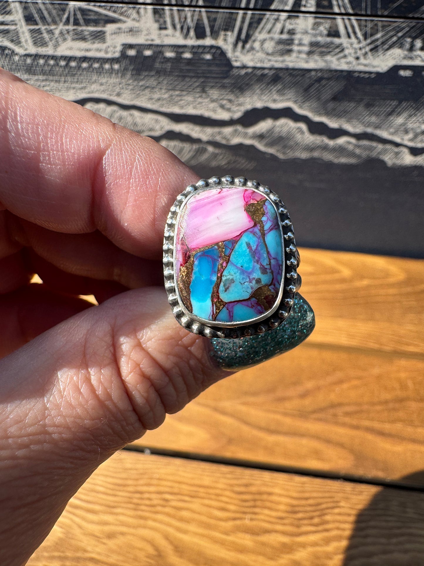Pink Dahlia Turquoise ring size 8.5