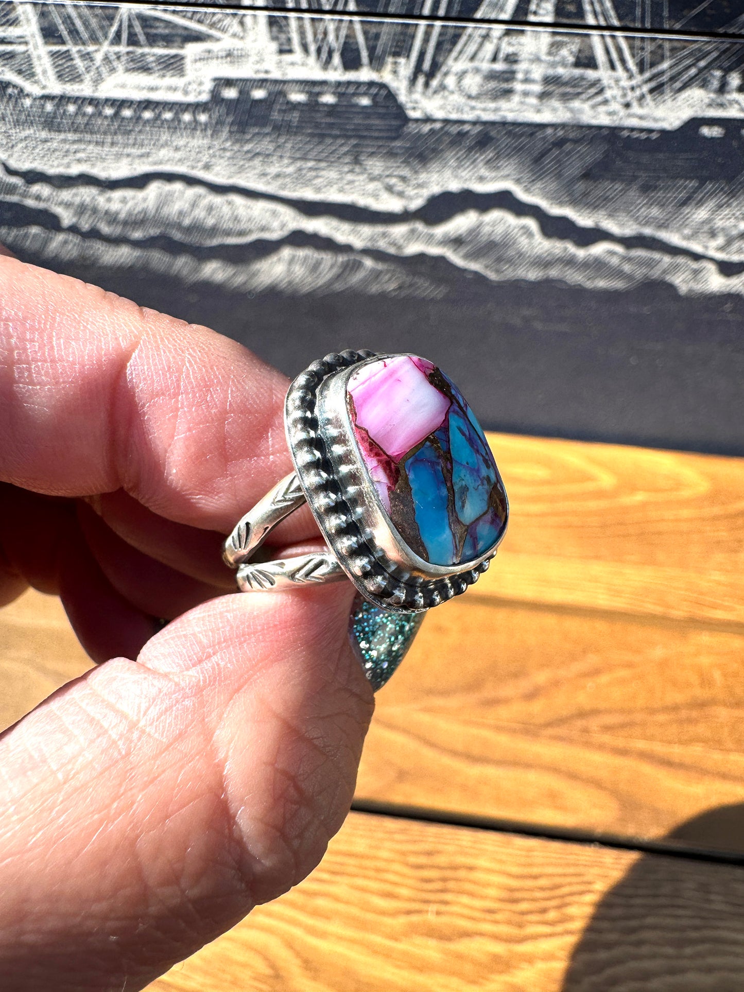 Pink Dahlia Turquoise ring size 8.5