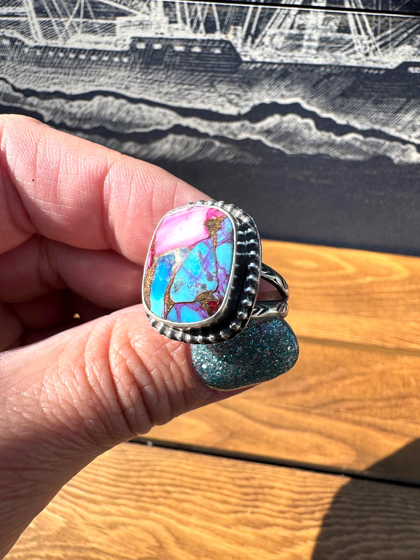 Pink Dahlia Turquoise ring size 8.5