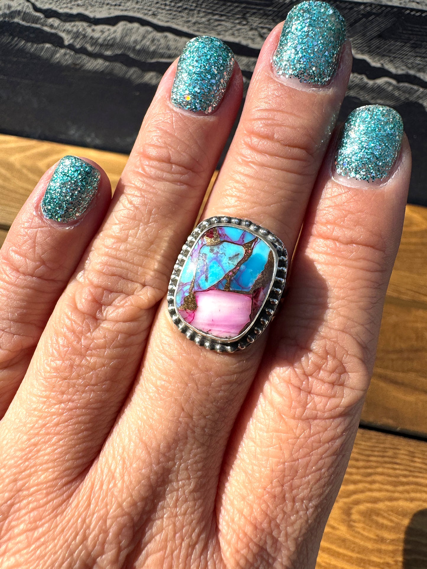 Pink Dahlia Turquoise ring size 8.5