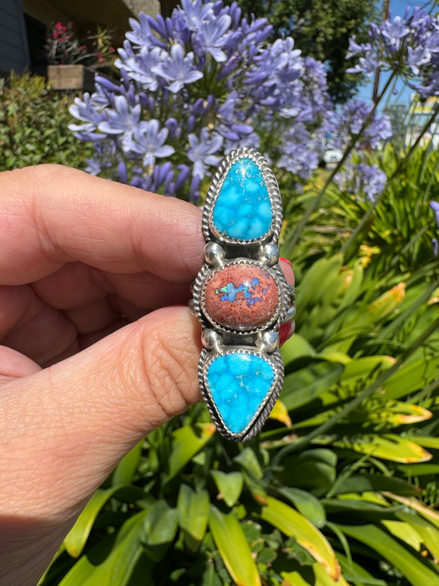 Mexican Fire Opal & Sonoran Blue Turquoise ring size 9.5