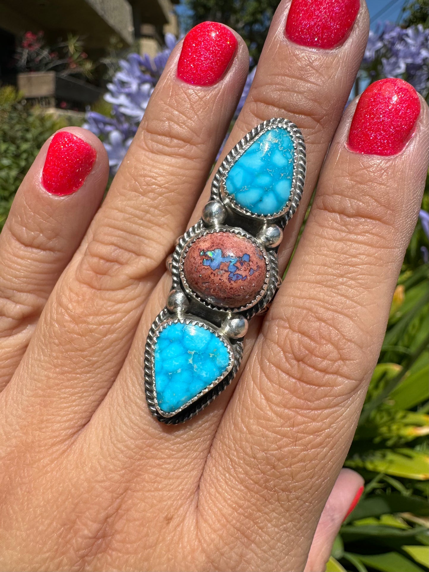 Mexican Fire Opal & Sonoran Blue Turquoise ring size 9.5