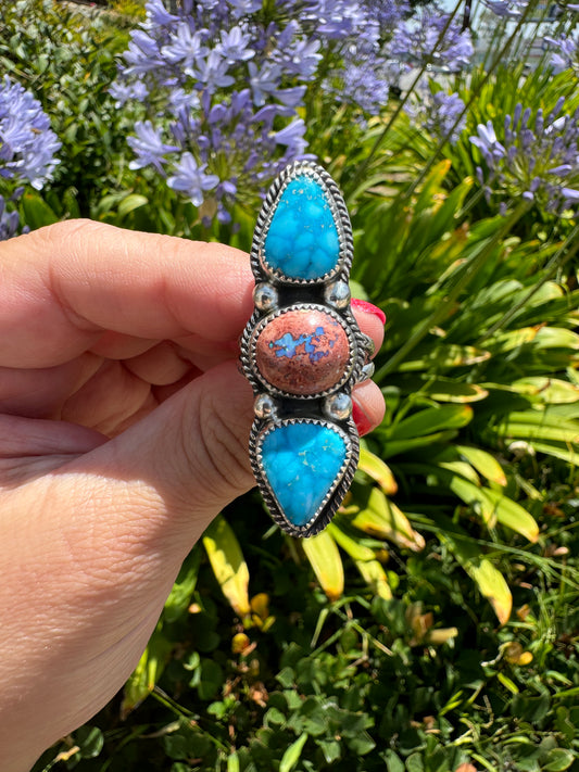 Mexican Fire Opal & Sonoran Blue Turquoise ring size 9.5