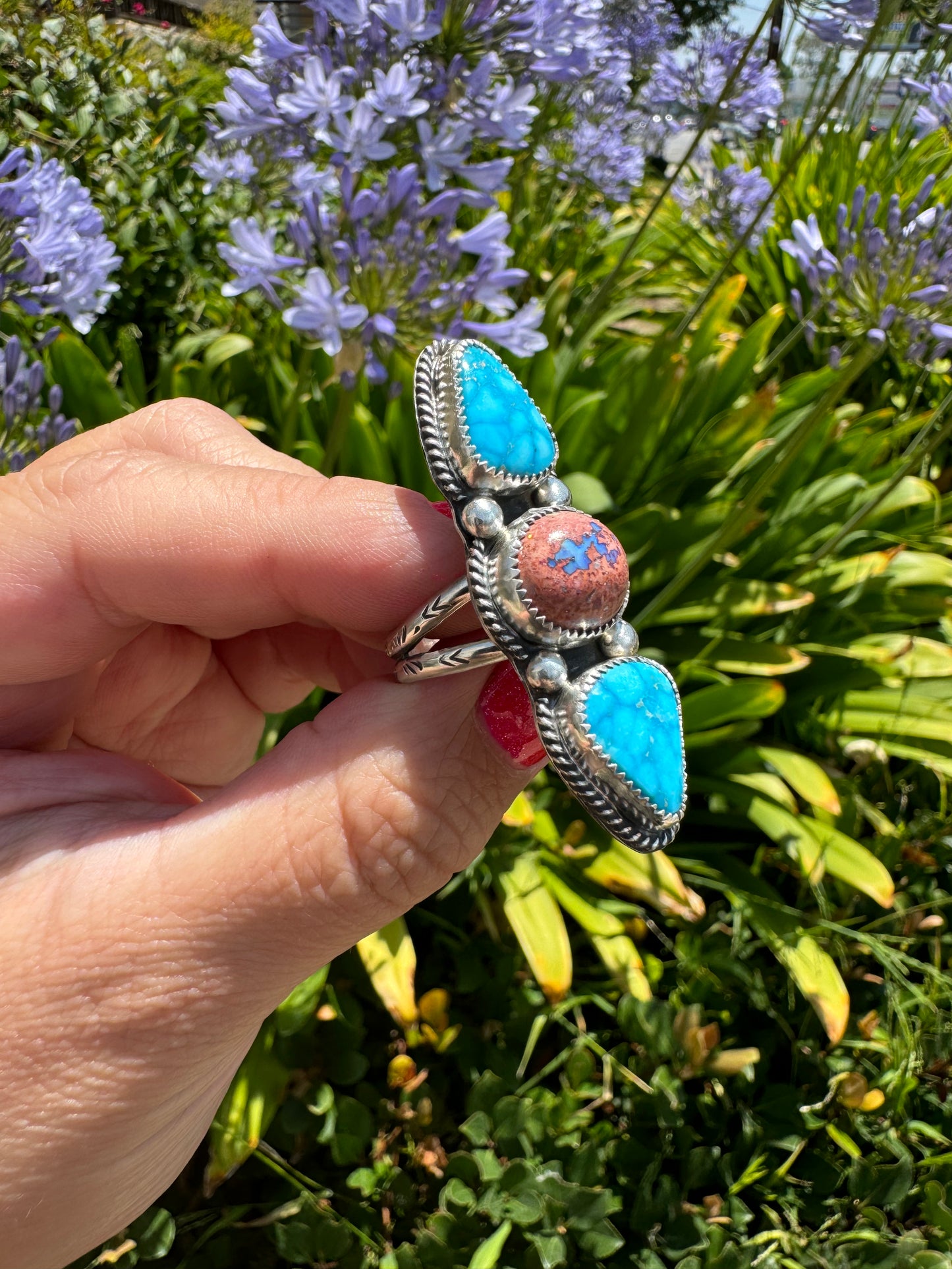 Mexican Fire Opal & Sonoran Blue Turquoise ring size 9.5