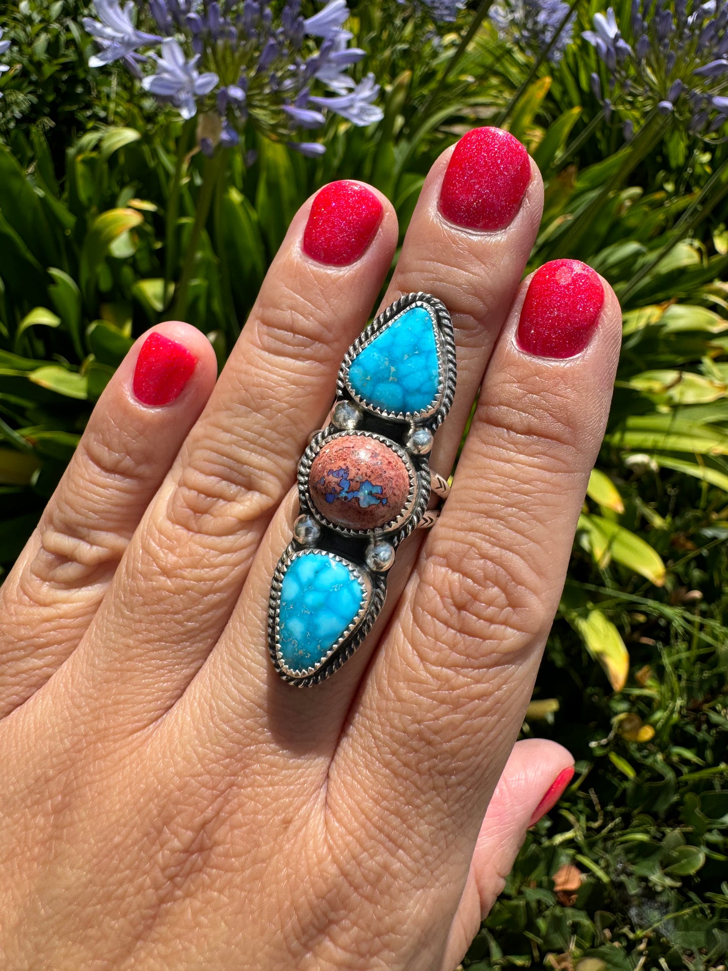 Mexican Fire Opal & Sonoran Blue Turquoise ring size 9.5