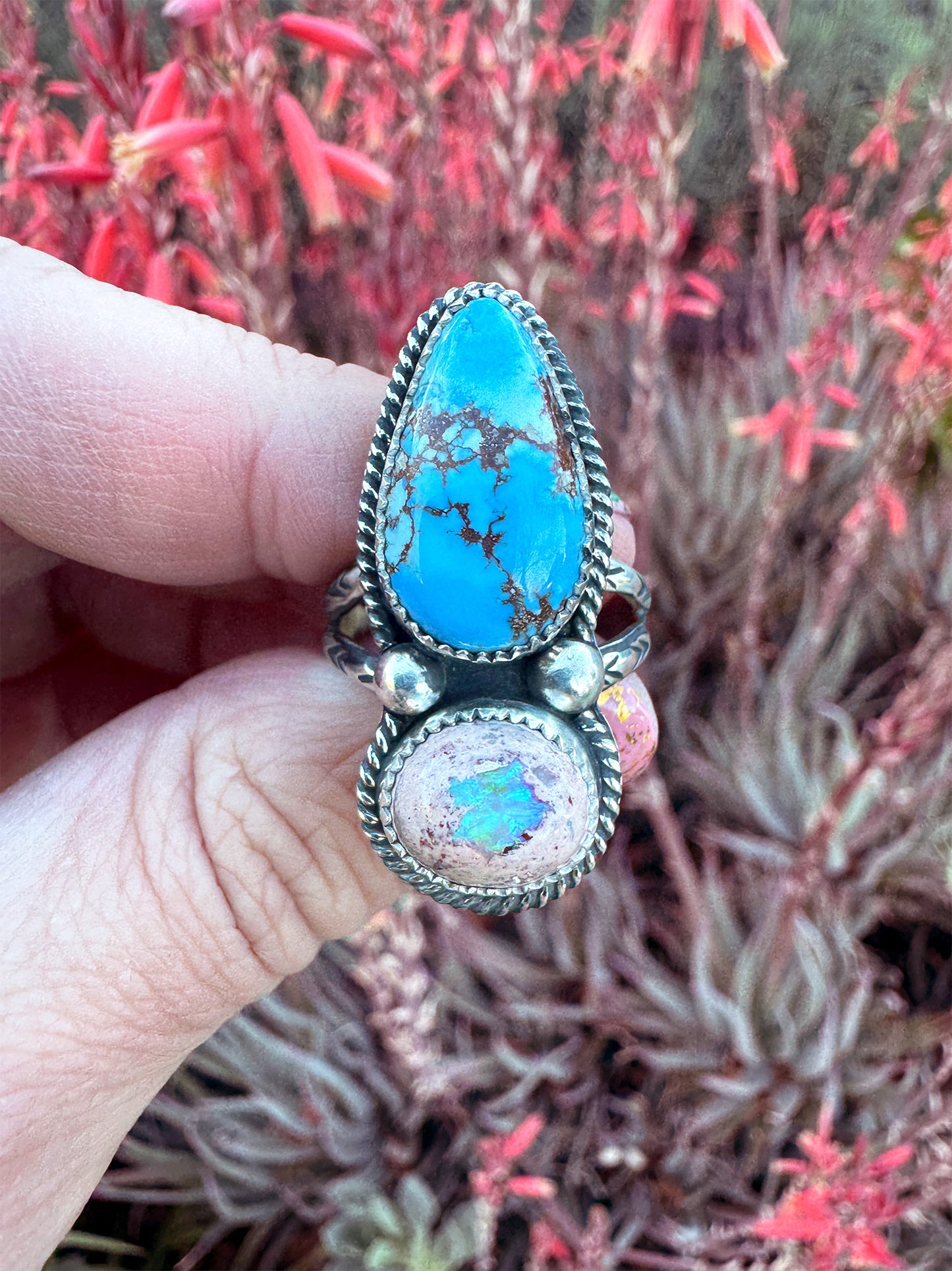 Golden Hills Turquoise - Mexican Fire Opal ring size 9.5