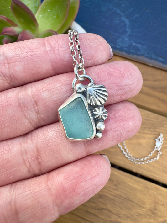 Blue Sea Glass Pendant Necklace