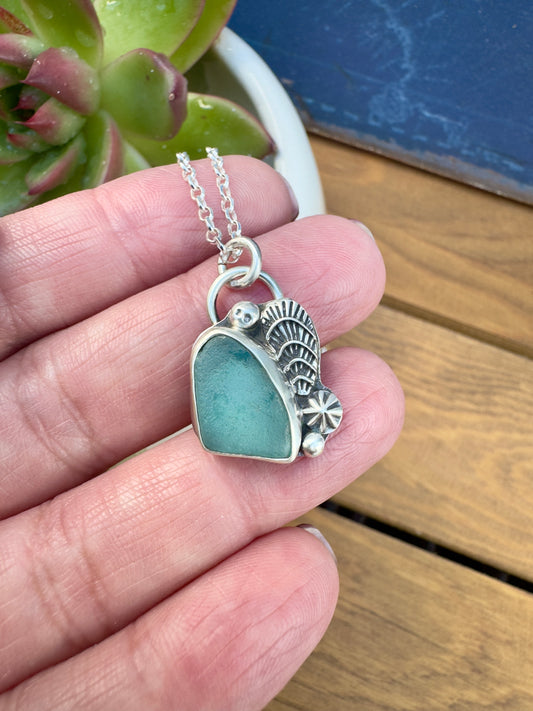 Blue Sea Glass Pendant Necklace Shell