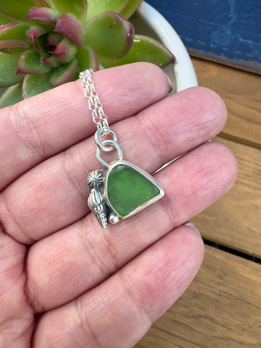 Green Sea Glass Pendant Necklace Shell