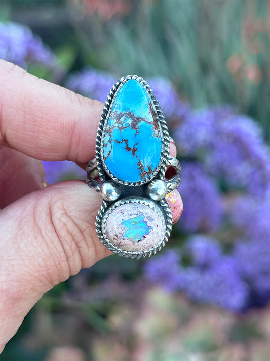 Golden Hills Turquoise - Mexican Fire Opal ring size 9.5