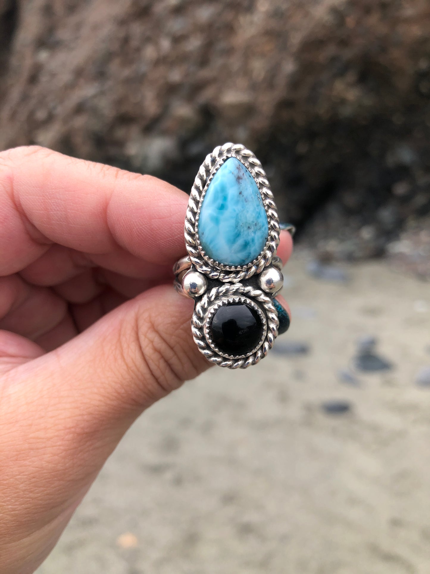 Larimar and Onyx ring size 9.5