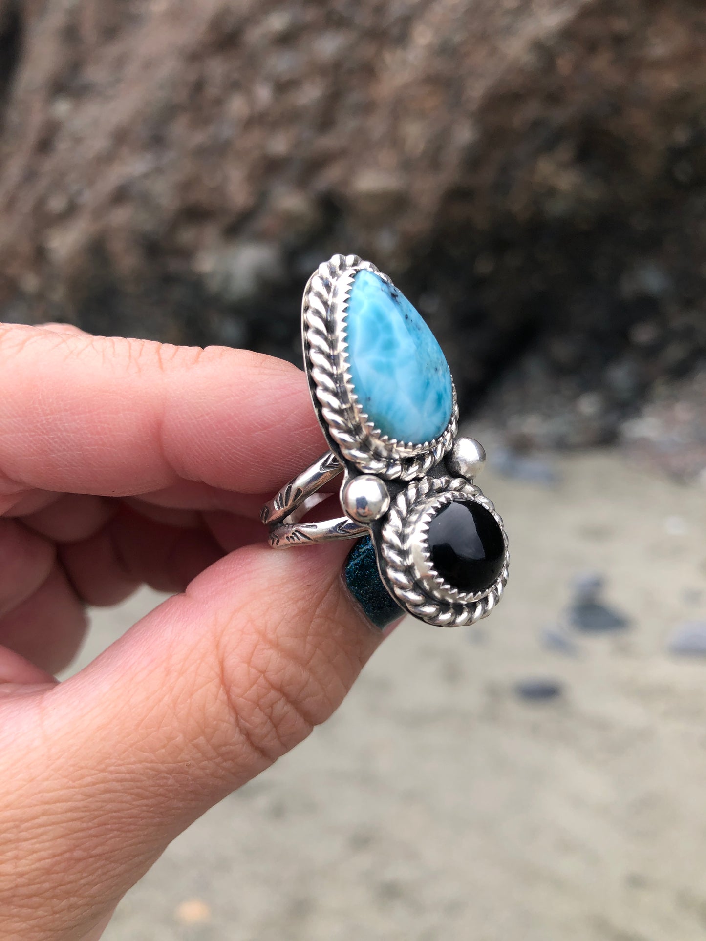 Larimar and Onyx ring size 9.5