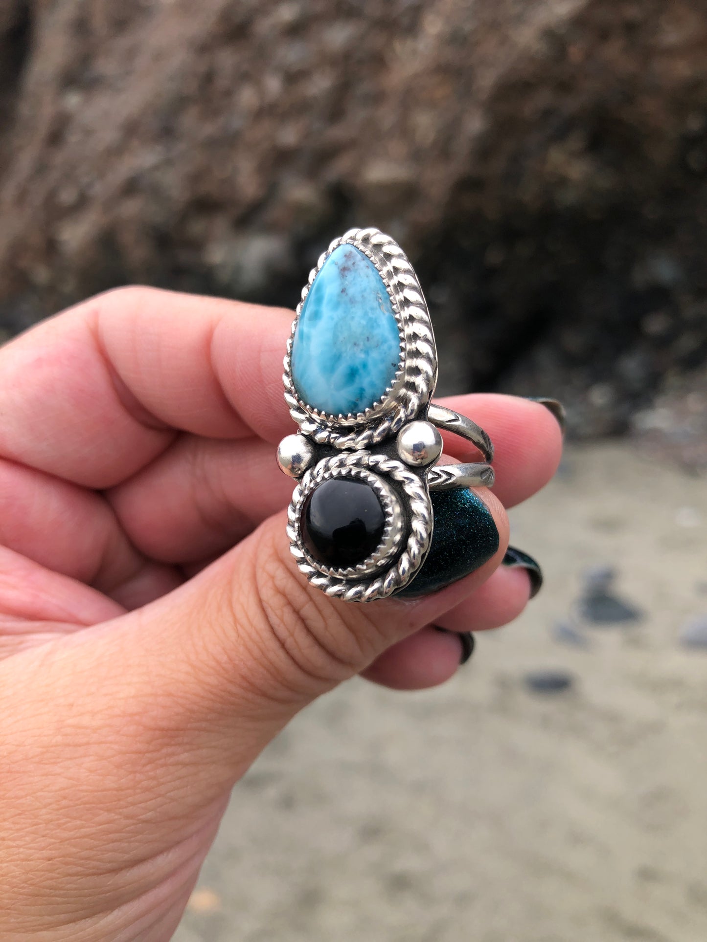 Larimar and Onyx ring size 9.5