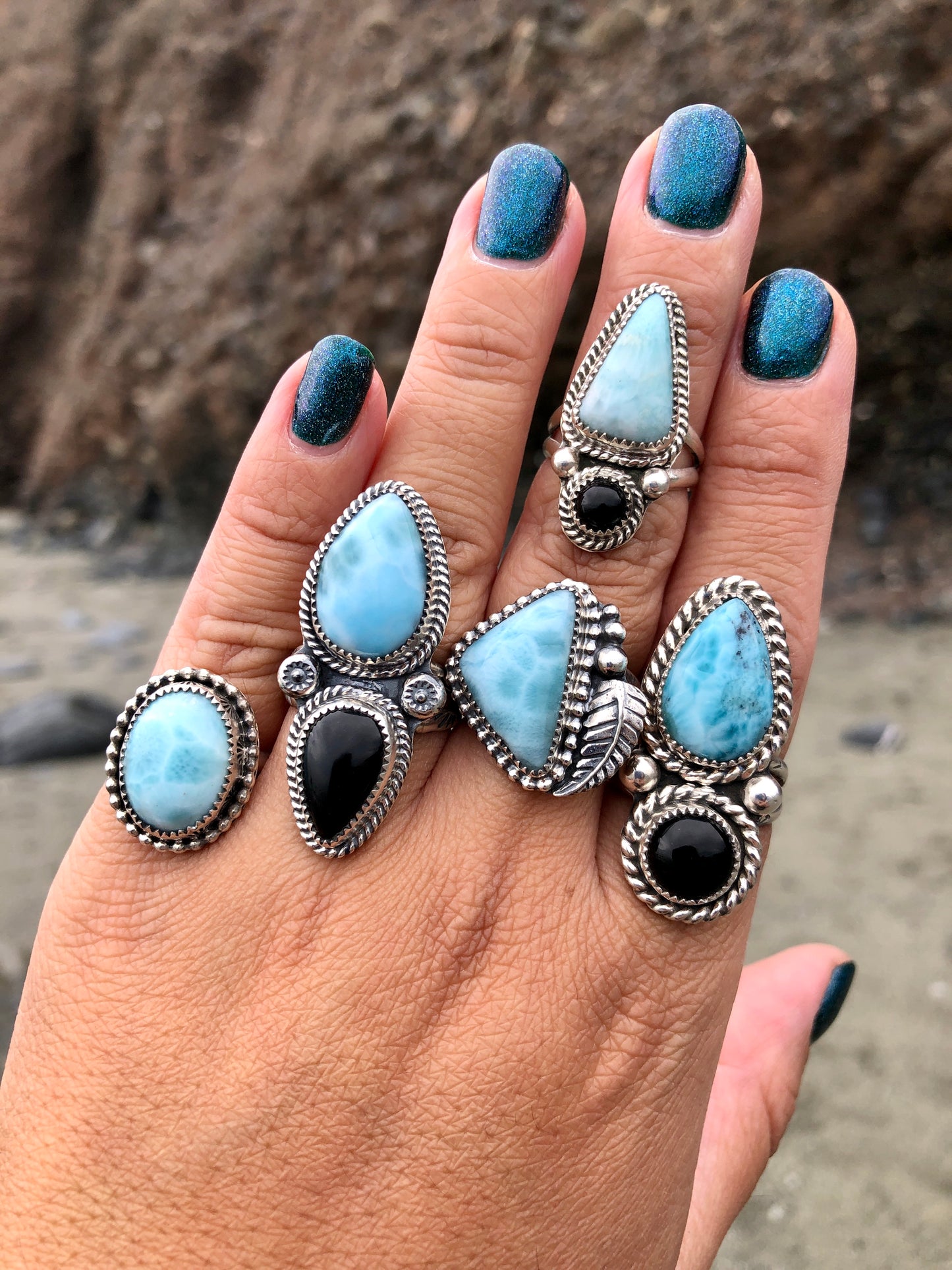 Larimar and Onyx ring size 9.5