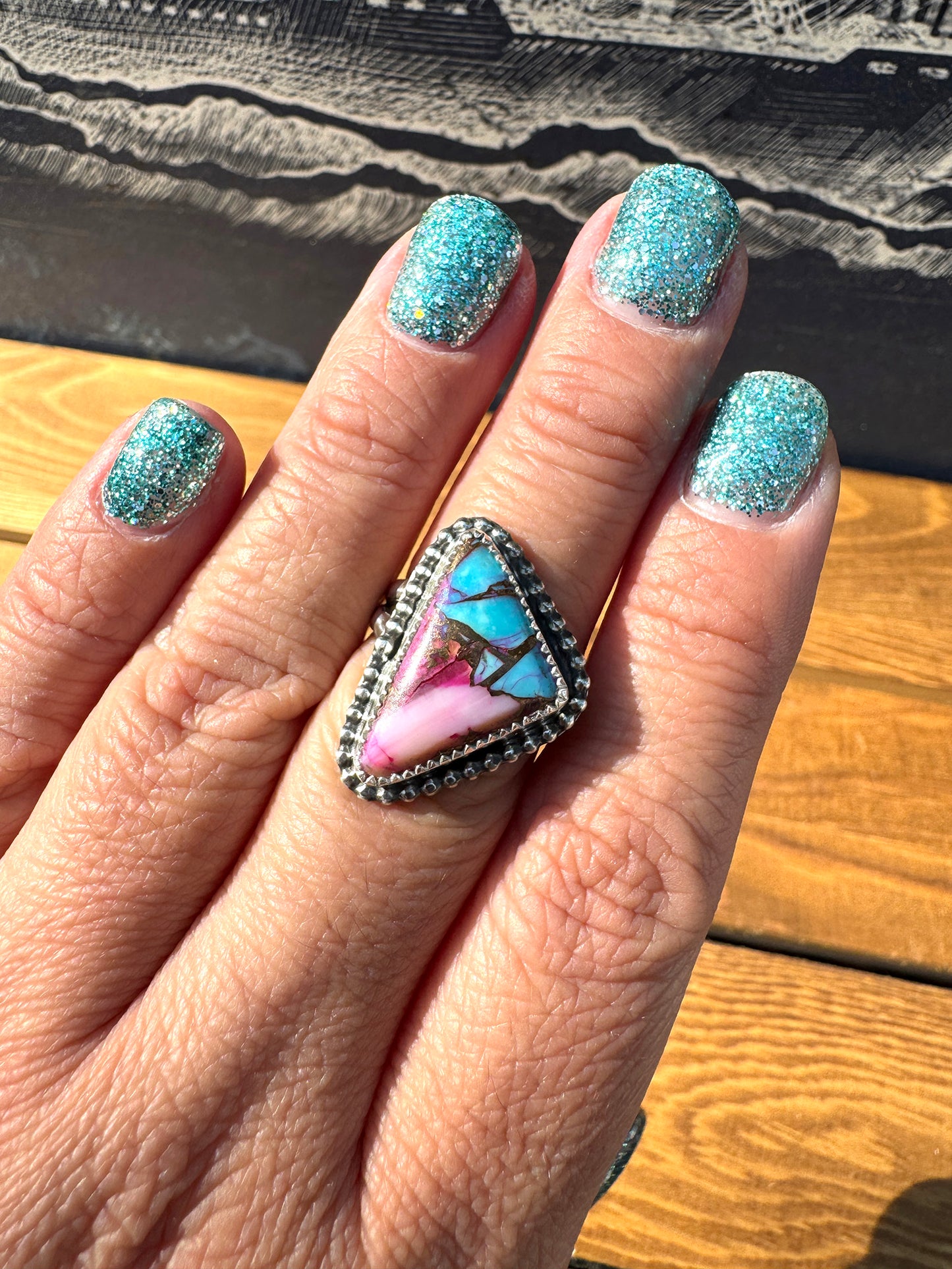 Pink Dahlia Turquoise ring size 7.5