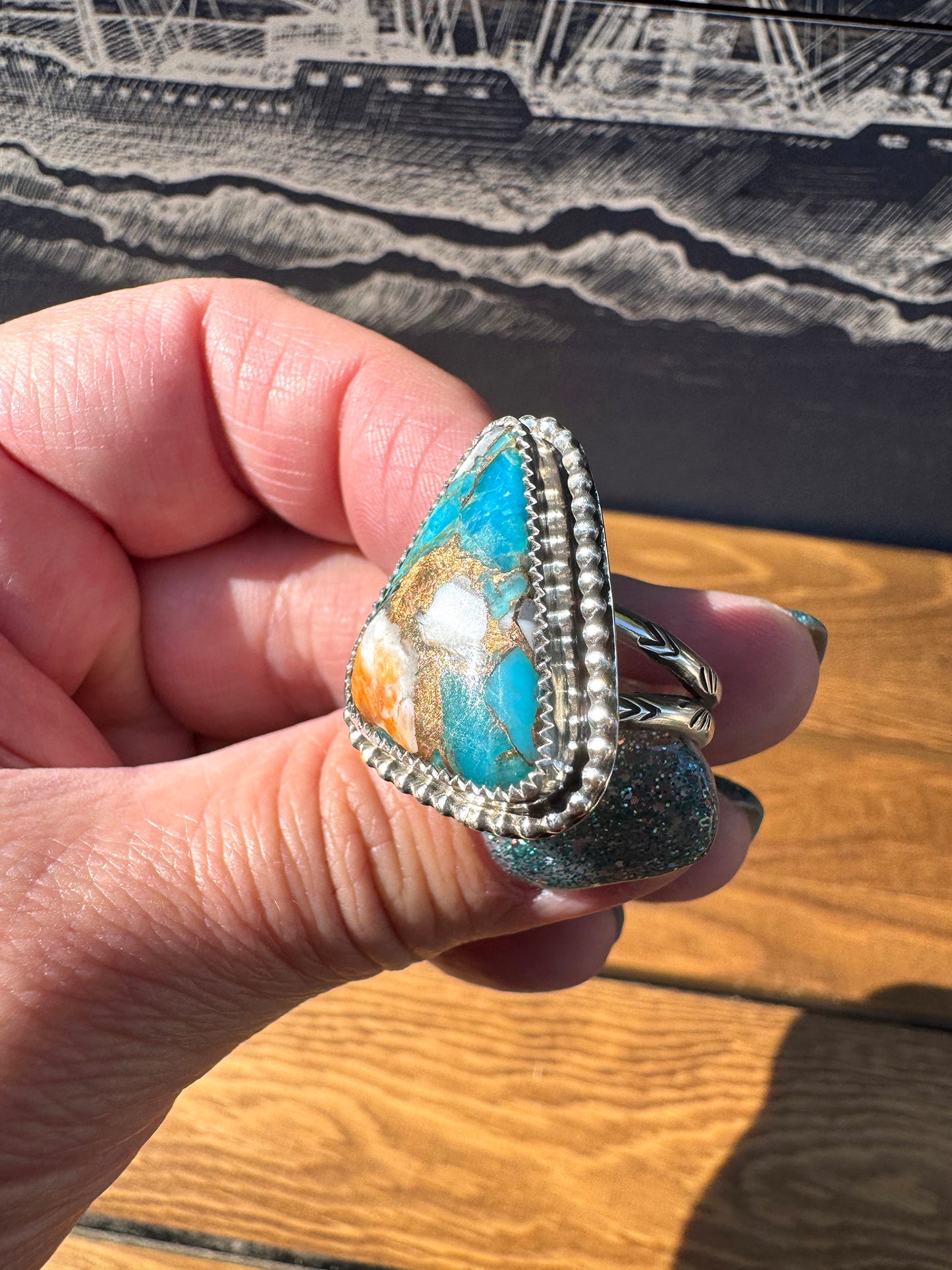 Spiny Oyster Kingman Turquoise ring size 9.5