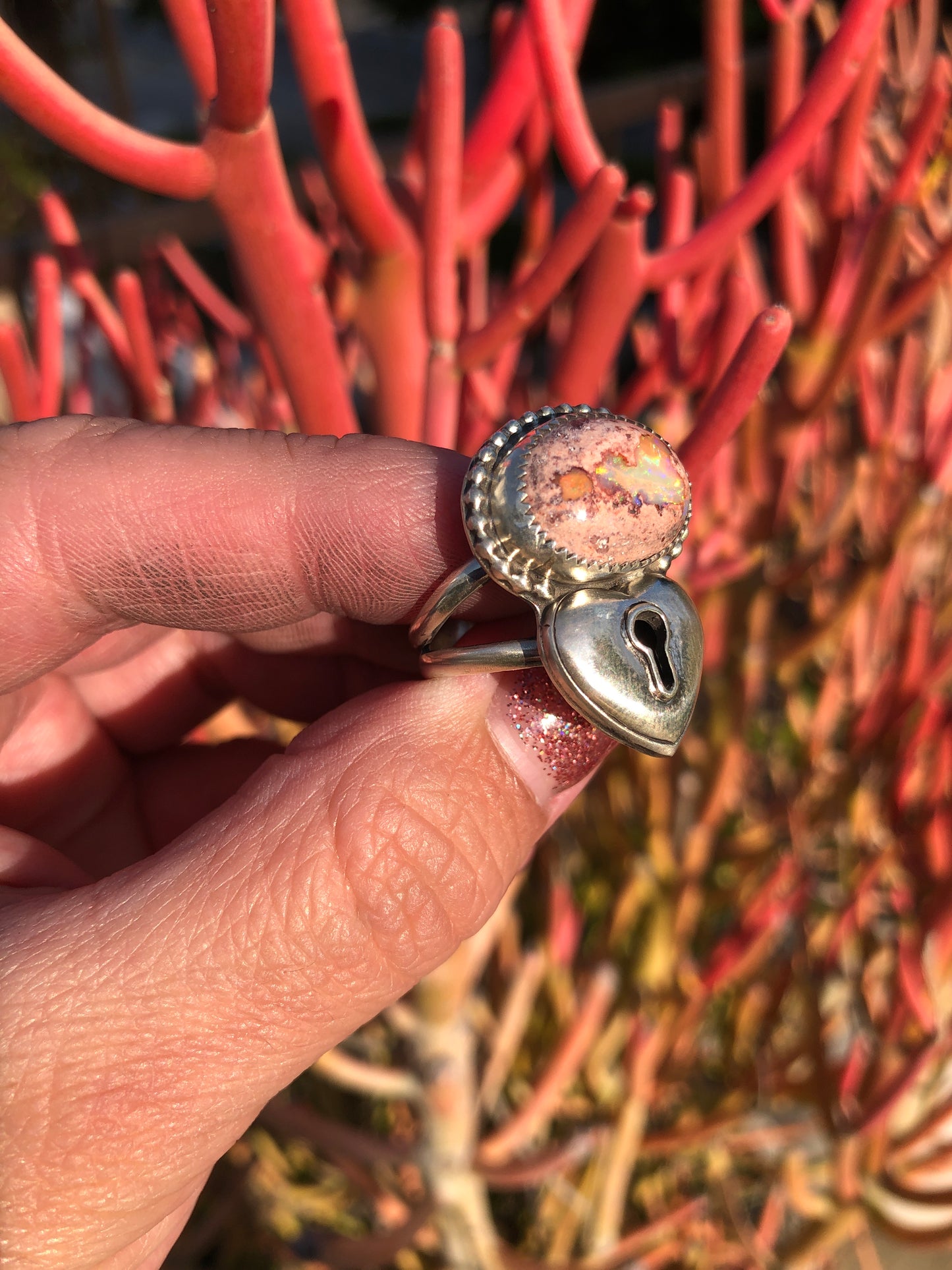 Mexican Fire Opal heart ring size 8