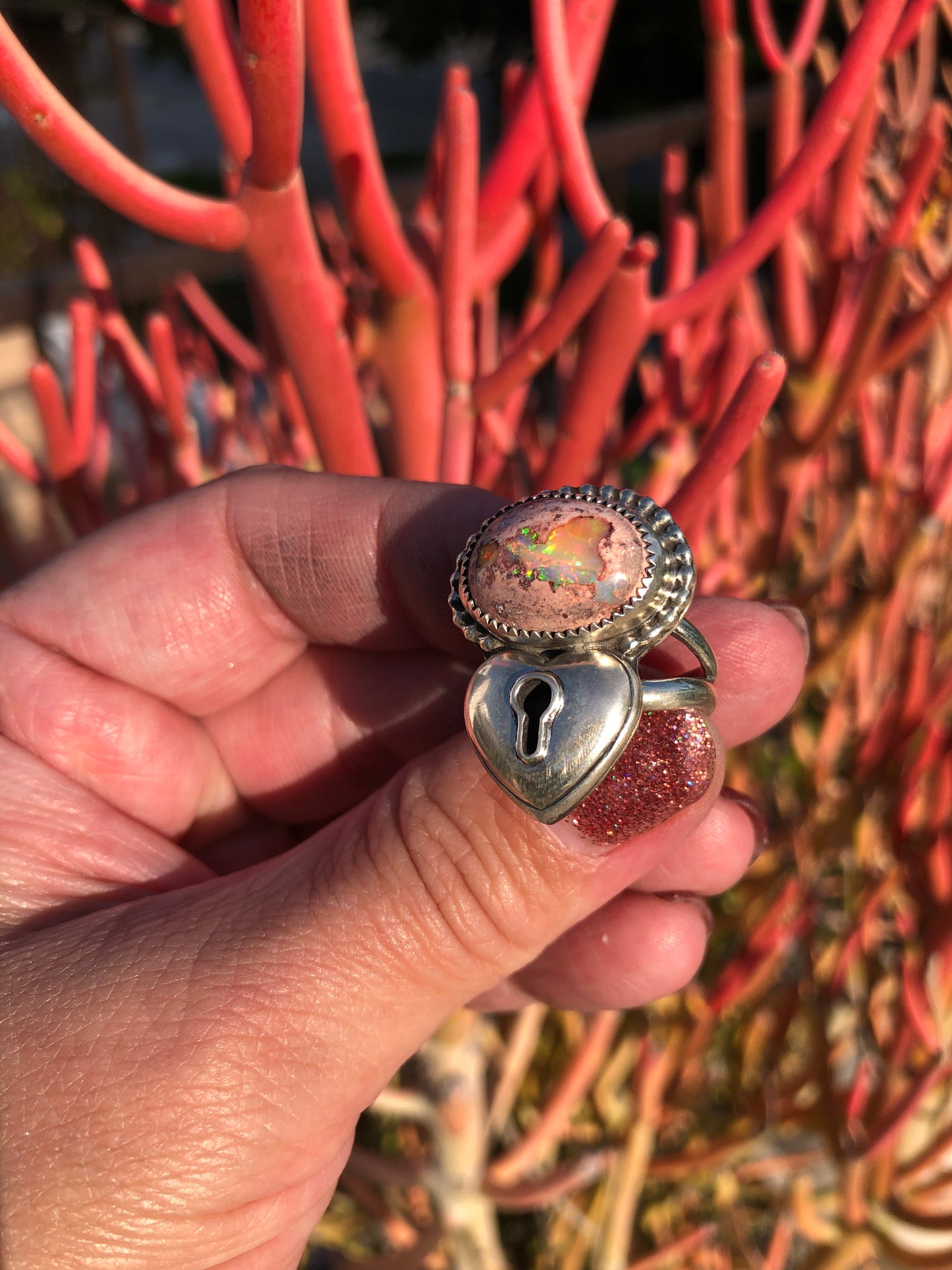 Mexican Fire Opal heart ring size 8