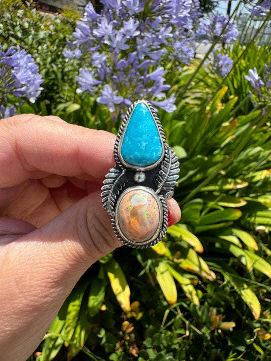 Mexican Fire Opal & Sonoran Blue Turquoise ring size 9.5