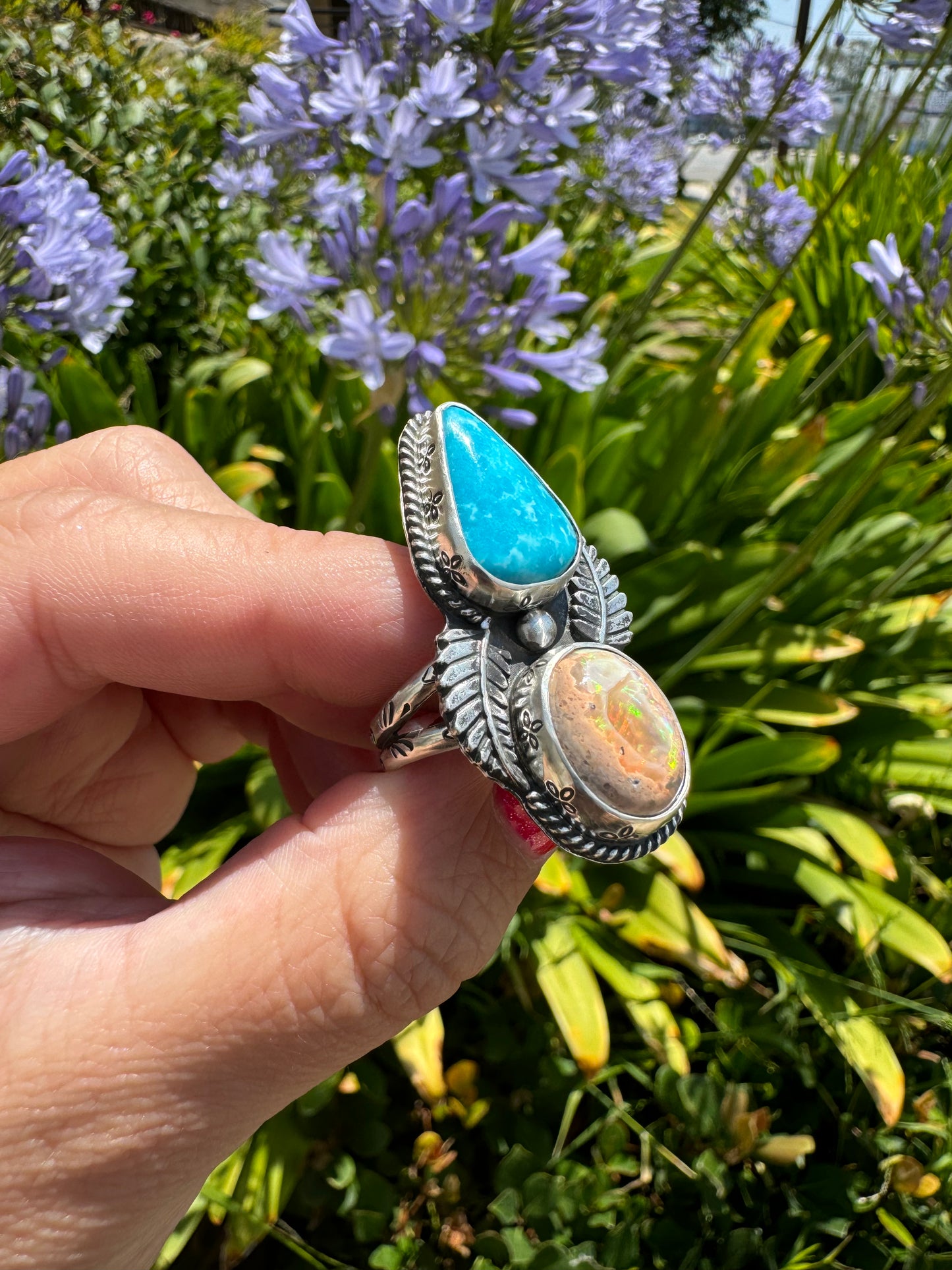 Mexican Fire Opal & Sonoran Blue Turquoise ring size 9.5