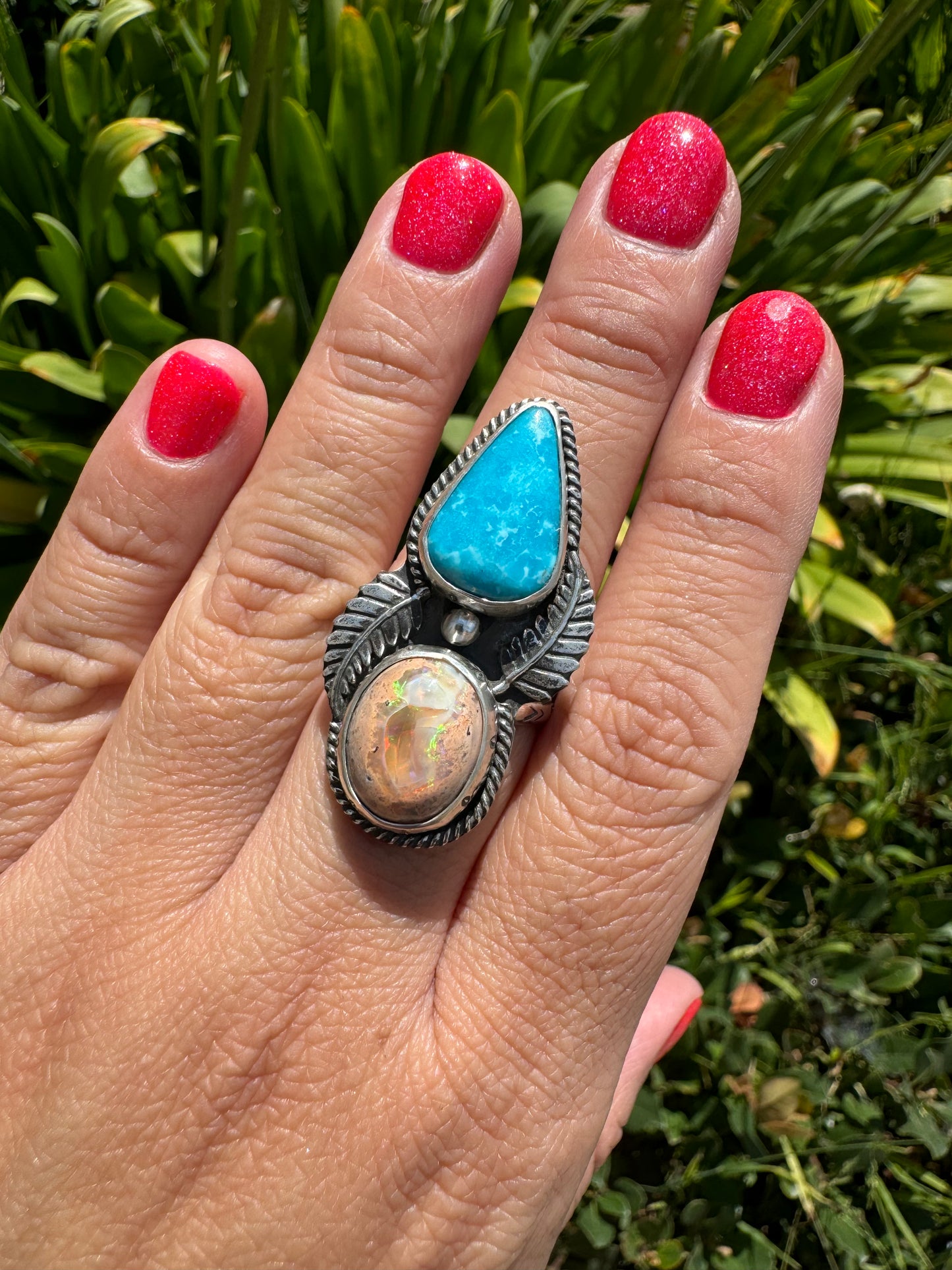 Mexican Fire Opal & Sonoran Blue Turquoise ring size 9.5