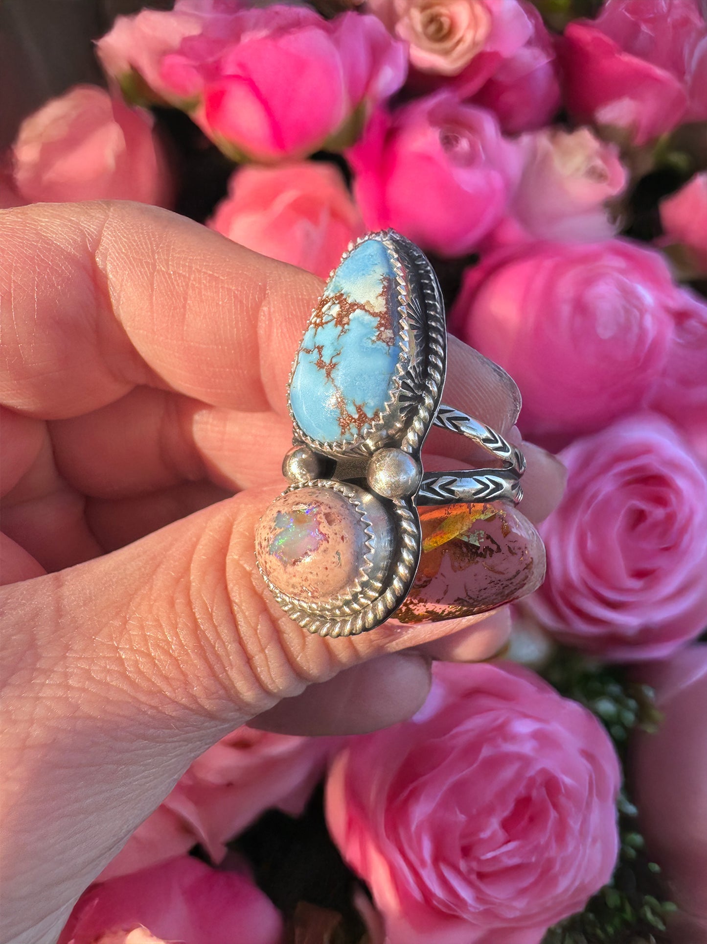 Golden Hills Turquoise - Mexican Fire Opal ring size 9.5