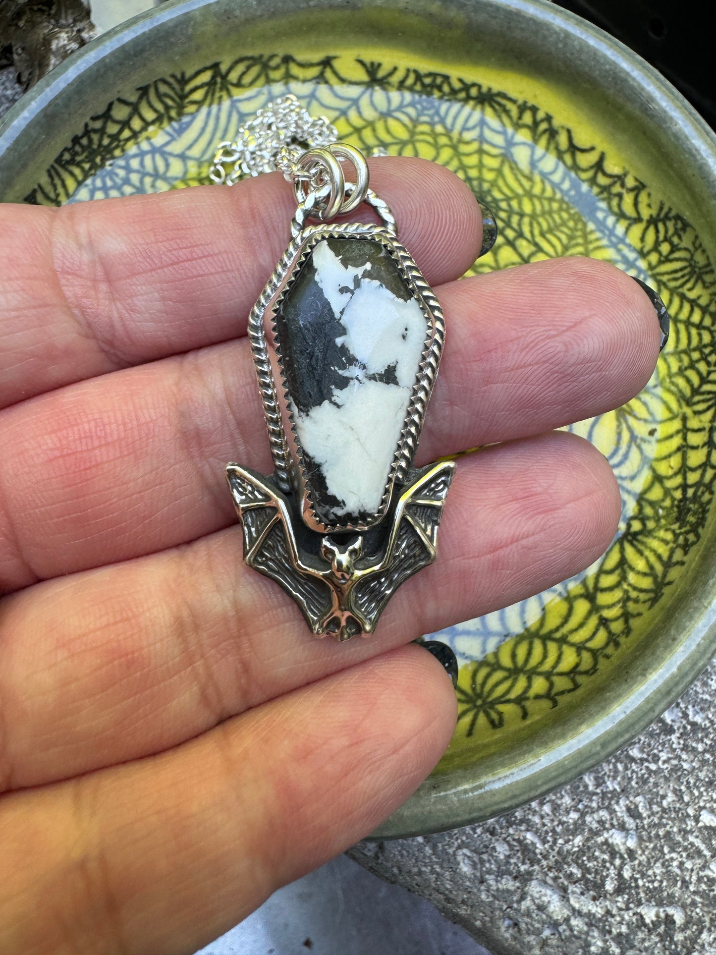 White Buffalo Coffin Bat Necklace Pendant