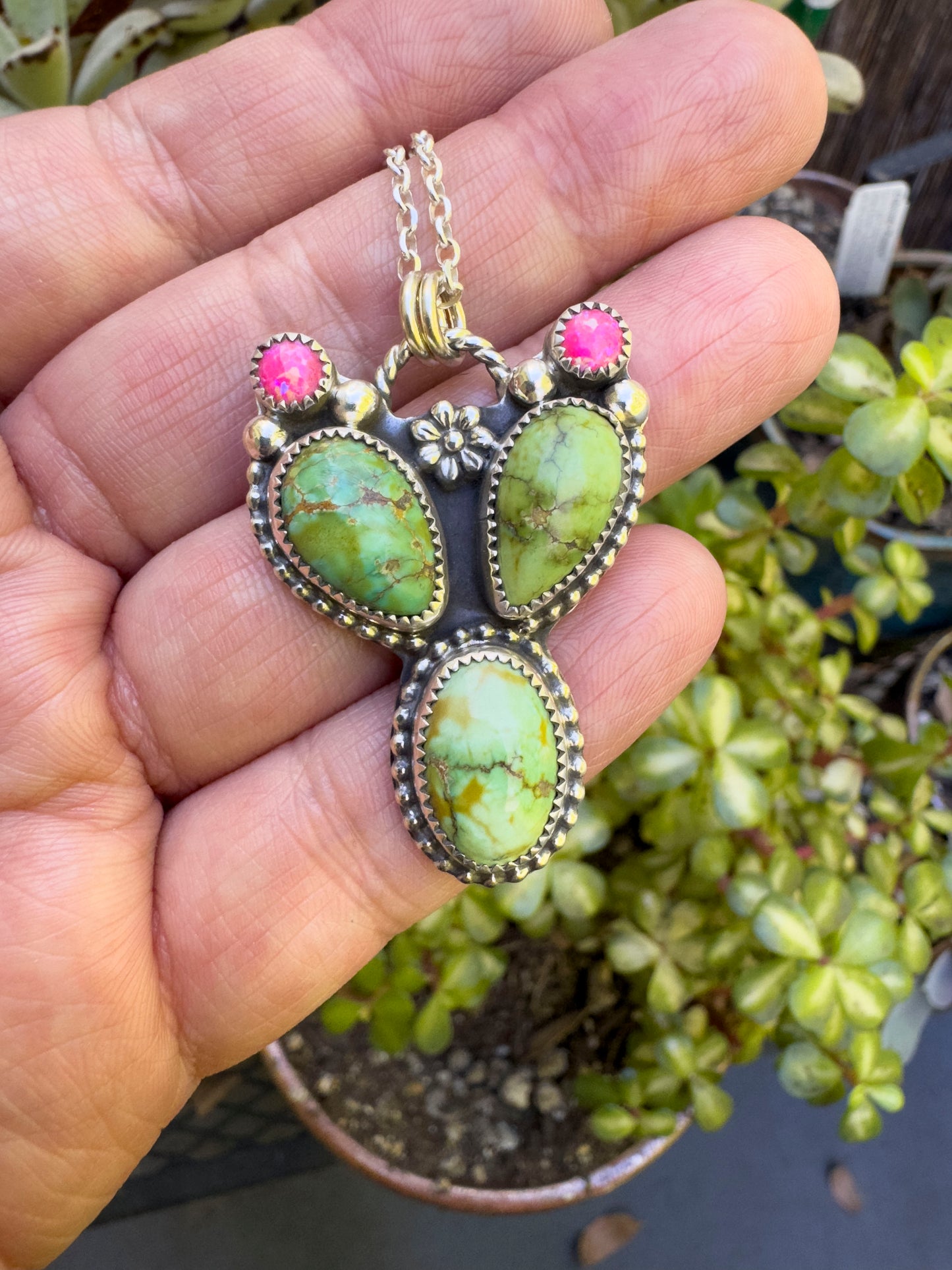 Sonoran Turquoise Prickly Pear Cactus Pendant Necklace