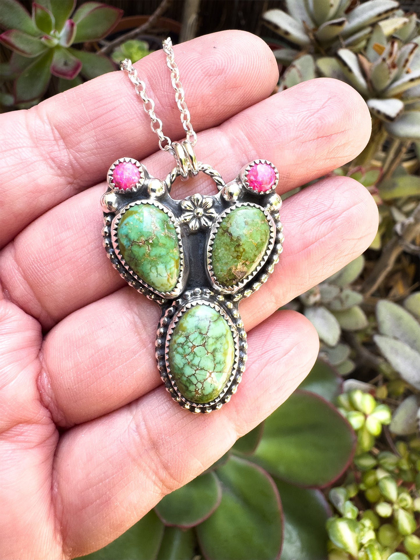 Sonoran Turquoise Prickly Pear Cactus Pendant Necklace